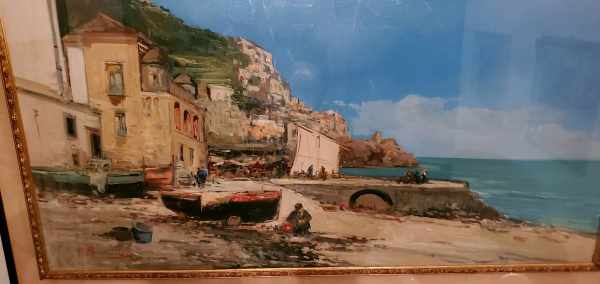 Dipinto olio su tela Marina con barche  ,epoca XX secolo ,di grandi dimensioni -photo-2