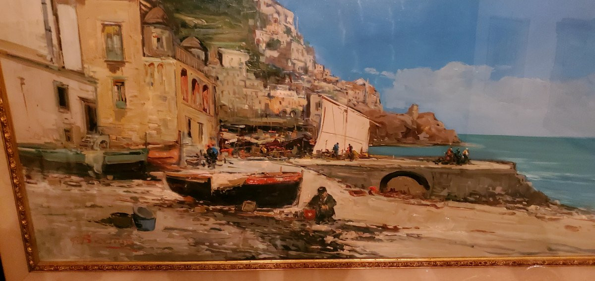 Dipinto olio su tela Marina con barche  ,epoca XX secolo ,di grandi dimensioni -photo-3