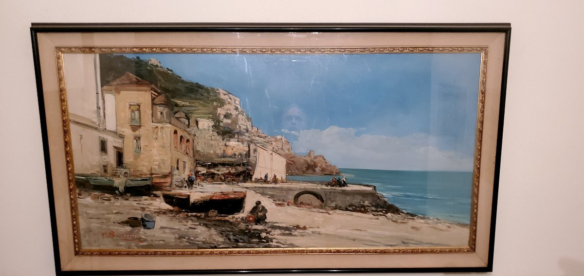 Dipinto olio su tela Marina con barche  ,epoca XX secolo ,di grandi dimensioni -photo-4