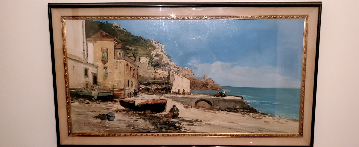 Dipinto olio su tela Marina con barche  ,epoca XX secolo ,di grandi dimensioni -photo-1