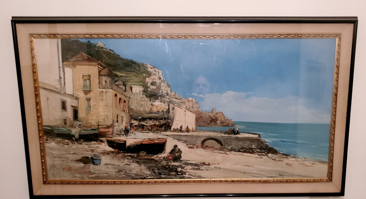 Dipinto olio su tela Marina con barche  ,epoca XX secolo ,di grandi dimensioni -photo-2