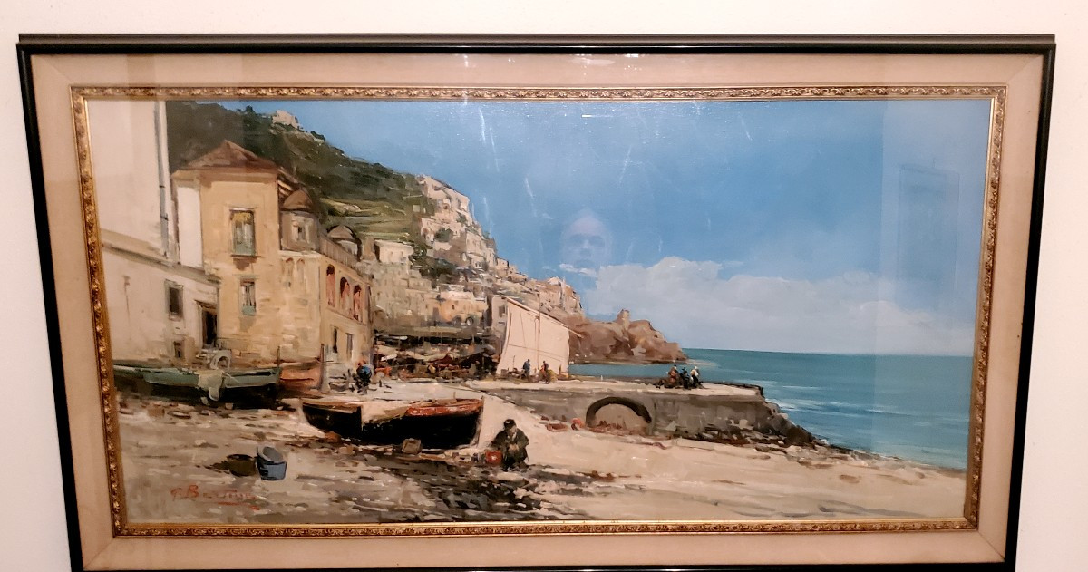 Dipinto olio su tela Marina con barche  ,epoca XX secolo ,di grandi dimensioni 