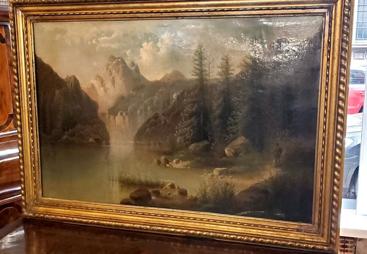 Dipinto olio su tela raffigurante  paesaggio lacustre , manifattura Francese -photo-1