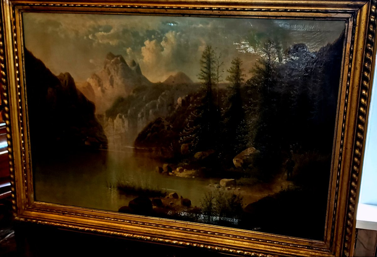 Dipinto olio su tela raffigurante  paesaggio lacustre , manifattura Francese -photo-2