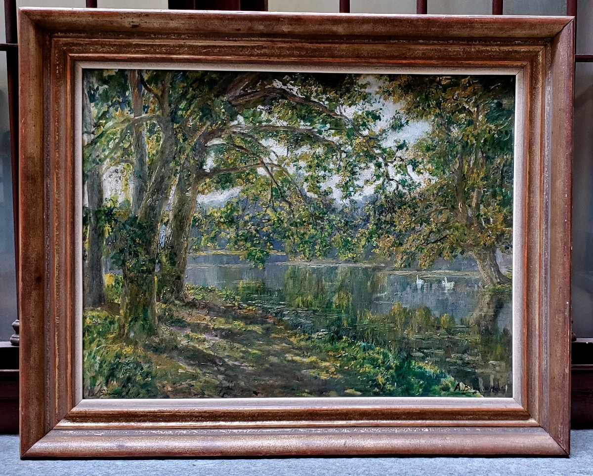 dipinto paesaggio lacustre olio su tela 