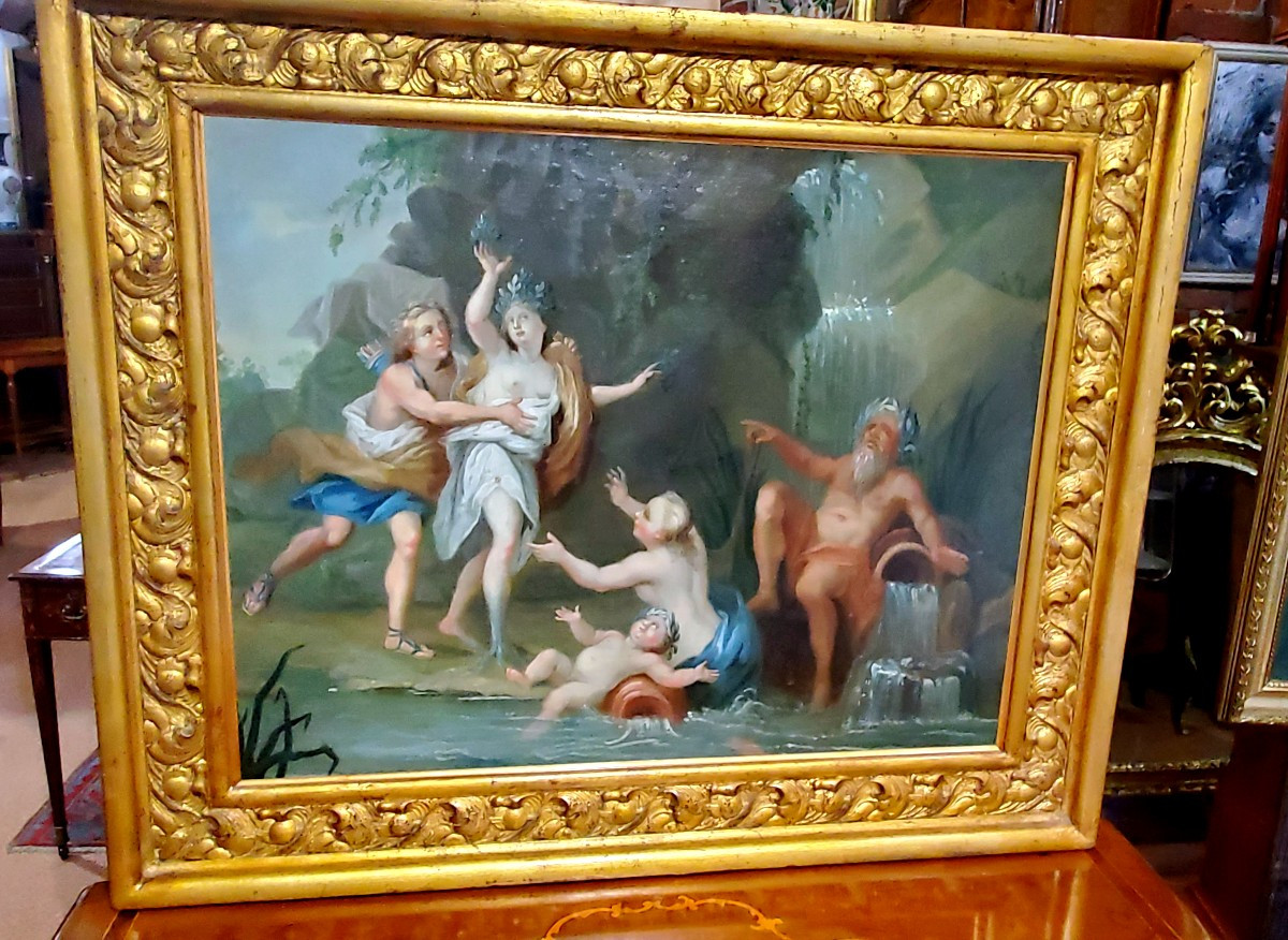 Antico dipinto olio su tela raffigurante Apollo e Dafne , epoca 1750 circa-photo-2