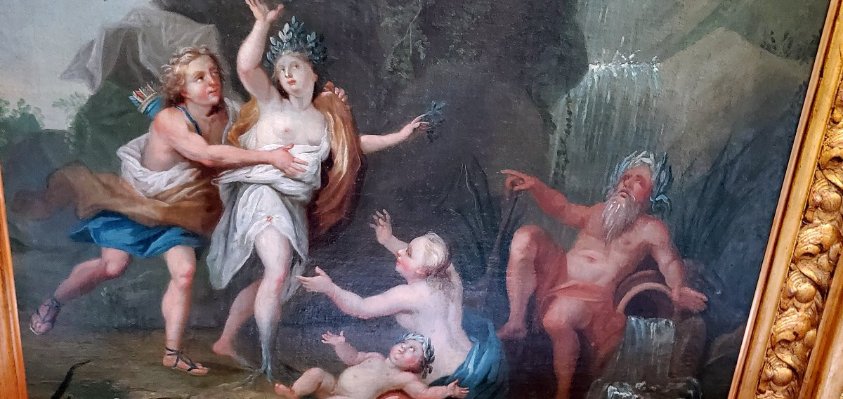 Antico dipinto olio su tela raffigurante Apollo e Dafne , epoca 1750 circa-photo-4
