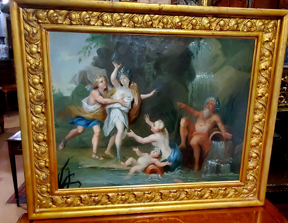 Antico dipinto olio su tela raffigurante Apollo e Dafne , epoca 1750 circa