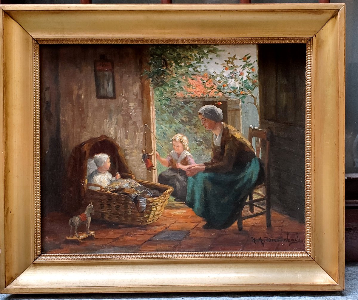 Dipinto olio su tela raffigurante scena d'interni firmato  HA Dievenbach-photo-1