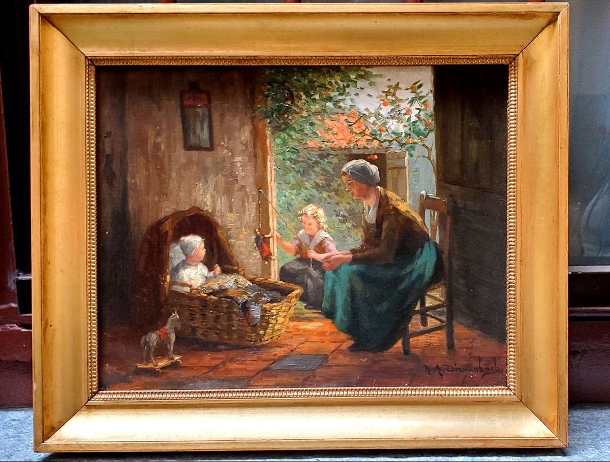 Dipinto olio su tela raffigurante scena d'interni firmato  HA Dievenbach