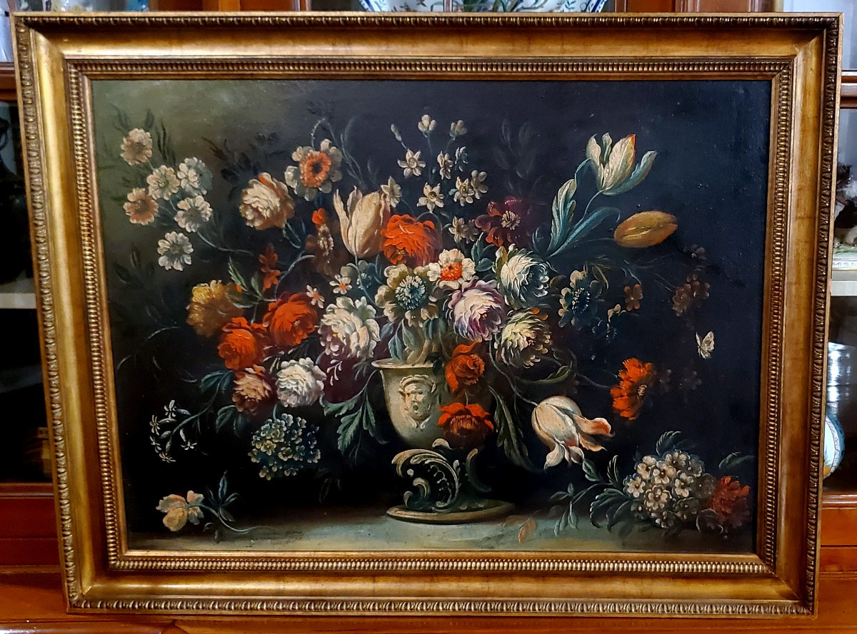 Dipinto olio su tela raffigurante natura morta floreale 