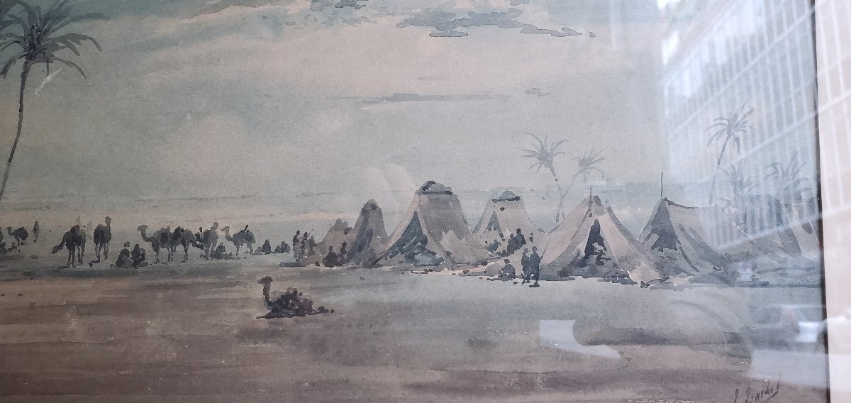 Dipinto acquerello raffigurante accampamento arabo firmato: Ercole (Hercule) Trachel-photo-3