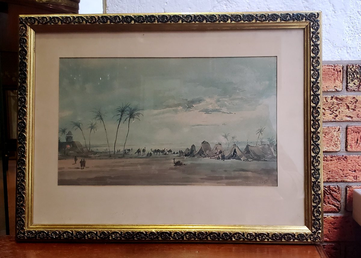 Dipinto acquerello raffigurante accampamento arabo firmato: Ercole (Hercule) Trachel-photo-1
