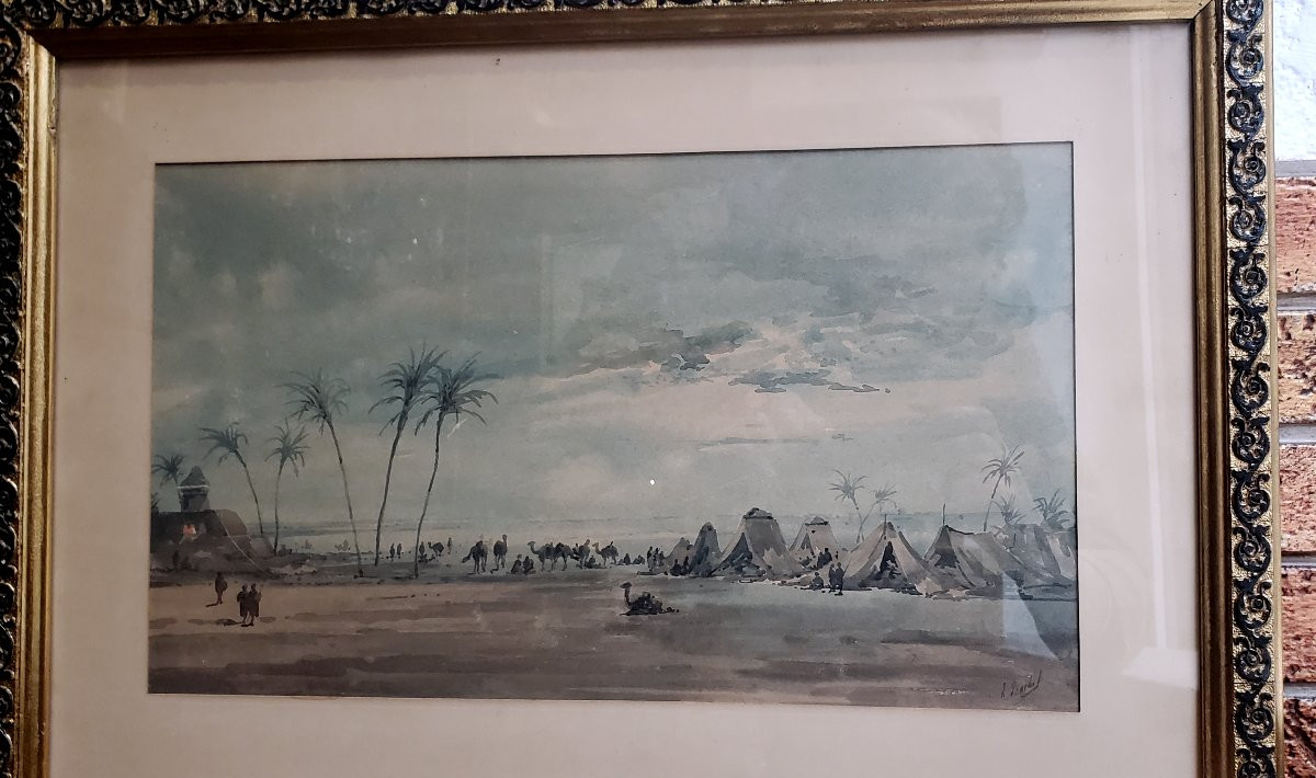 Dipinto acquerello raffigurante accampamento arabo firmato: Ercole (Hercule) Trachel-photo-2