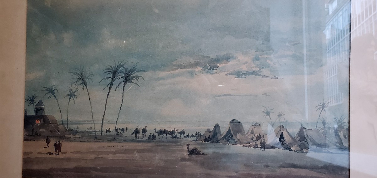 Dipinto acquerello raffigurante accampamento arabo firmato: Ercole (Hercule) Trachel