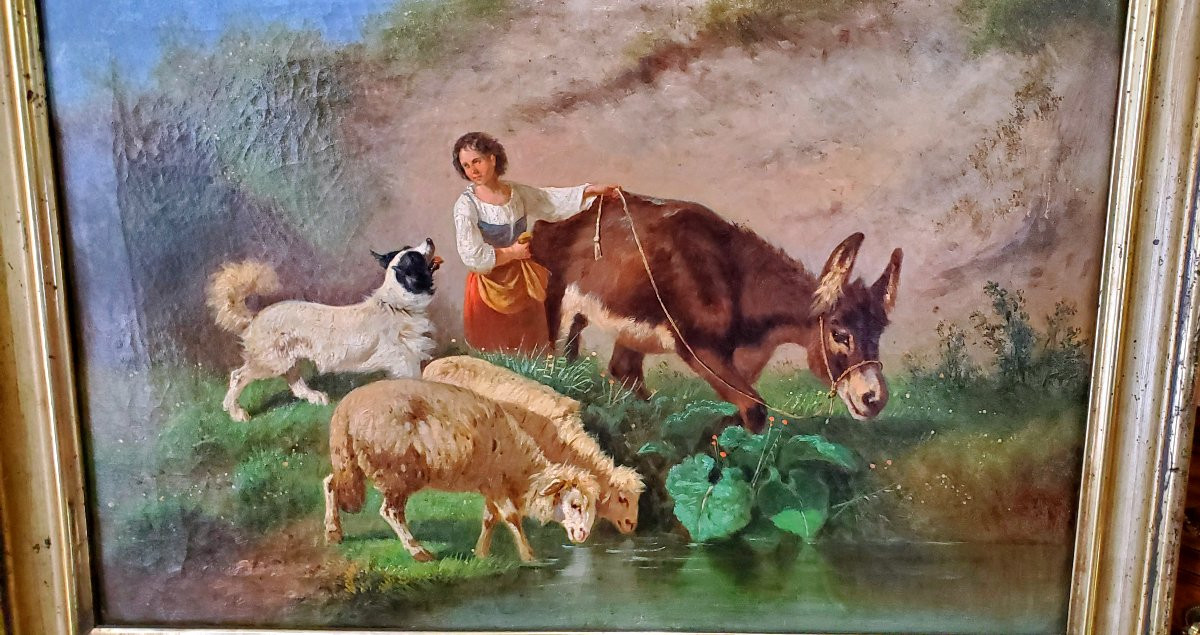 Dipinto olio su tela raffigurante scena di vita quotidiana epoca prima meta 1800 -photo-2