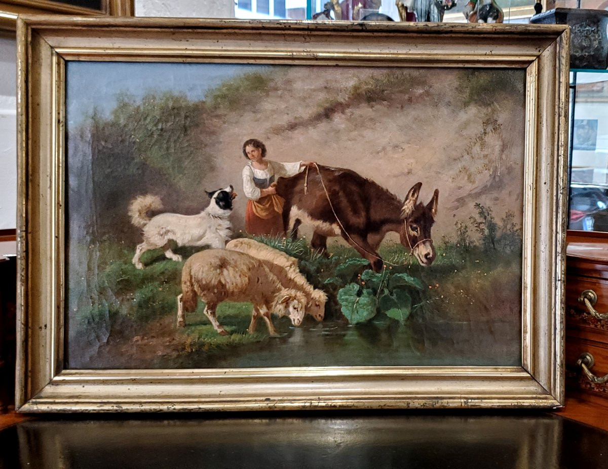 Dipinto olio su tela raffigurante scena di vita quotidiana epoca prima meta 1800 -photo-3