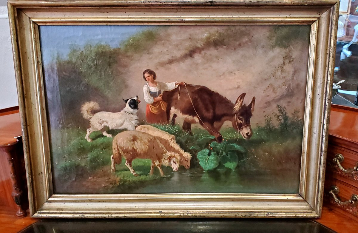 Dipinto olio su tela raffigurante scena di vita quotidiana epoca prima meta 1800 -photo-1