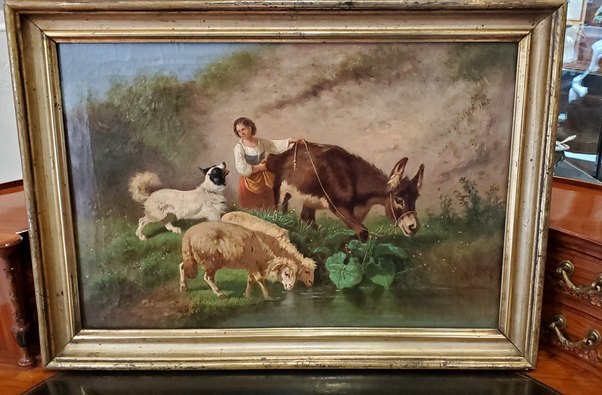 Dipinto olio su tela raffigurante scena di vita quotidiana epoca prima meta 1800 