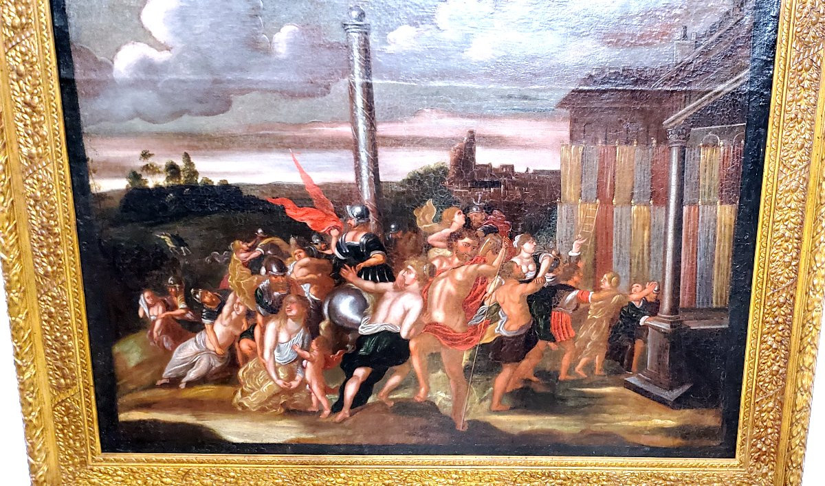 Antico dipinto olio su tela raffigurante :il ratto delle Sabine ,epoca fine 1600 ,scuola Romana-photo-2