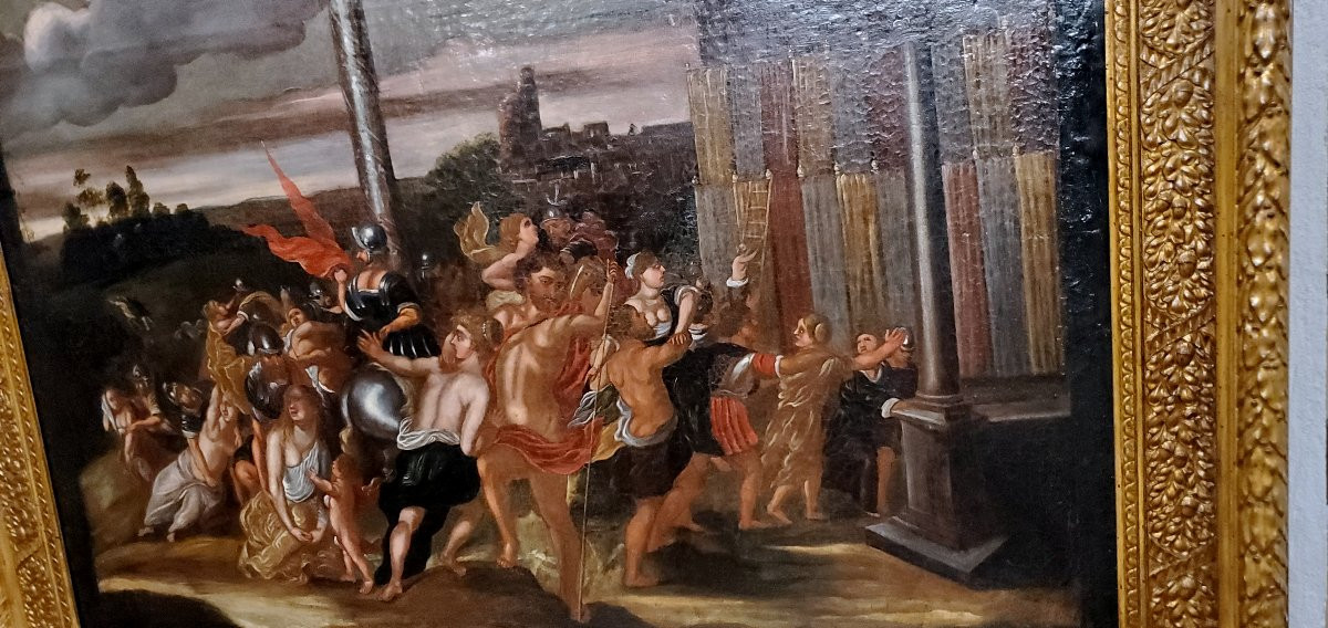 Antico dipinto olio su tela raffigurante :il ratto delle Sabine ,epoca fine 1600 ,scuola Romana-photo-3