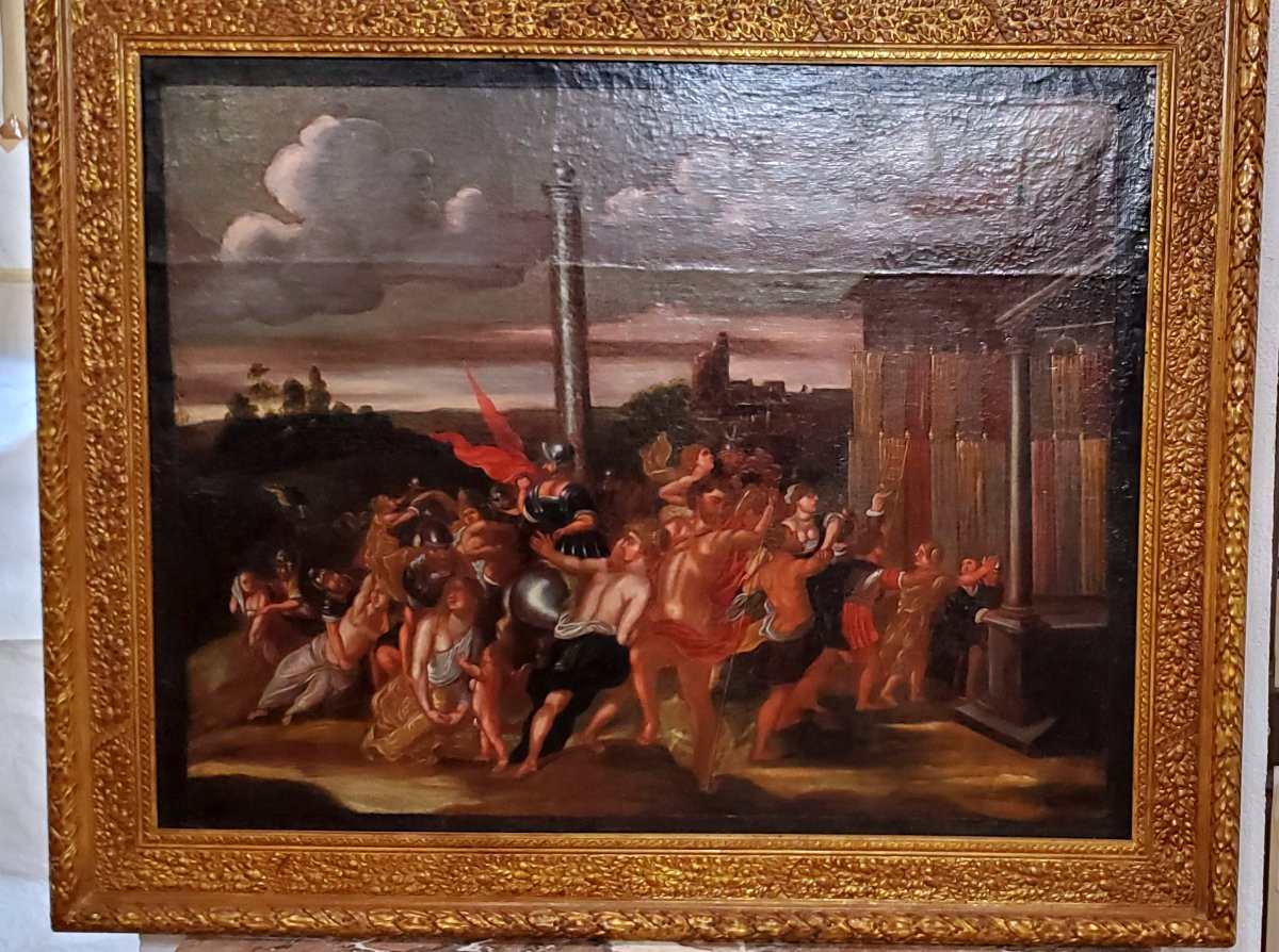 Antico dipinto olio su tela raffigurante :il ratto delle Sabine ,epoca fine 1600 ,scuola Romana-photo-1