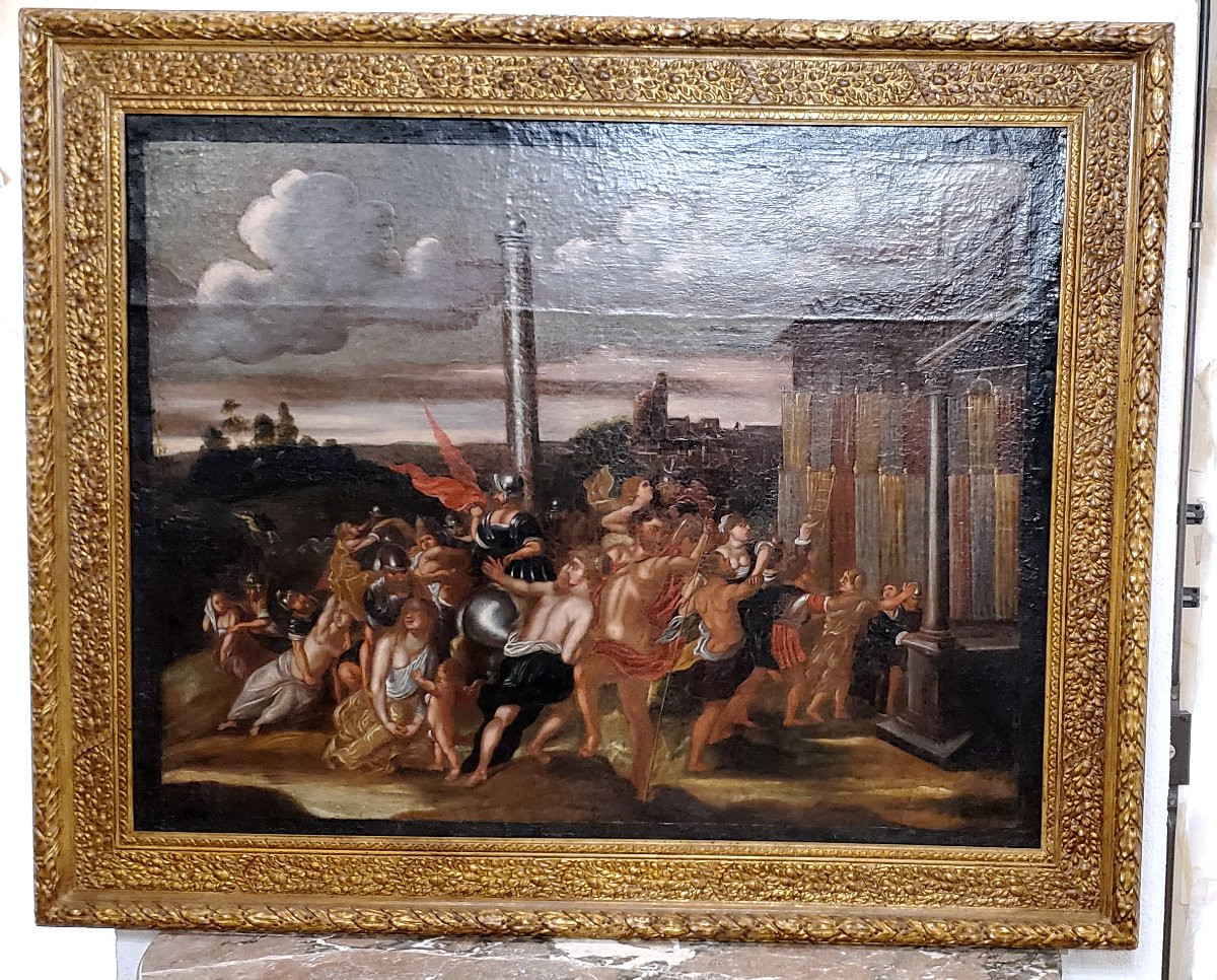 Antico dipinto olio su tela raffigurante :il ratto delle Sabine ,epoca fine 1600 ,scuola Romana-photo-2