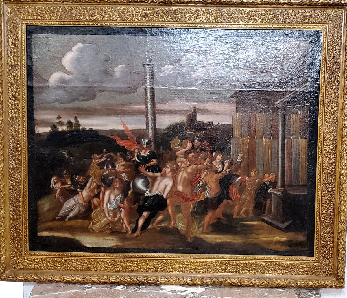 Antico dipinto olio su tela raffigurante :il ratto delle Sabine ,epoca fine 1600 ,scuola Romana-photo-3