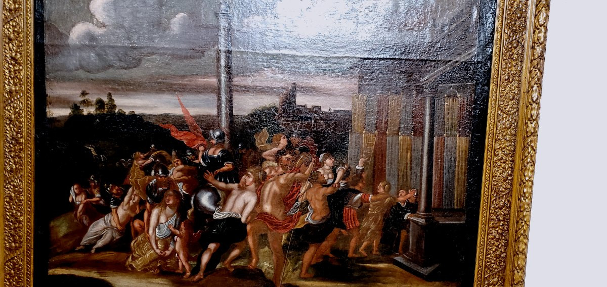 Antico dipinto olio su tela raffigurante :il ratto delle Sabine ,epoca fine 1600 ,scuola Romana-photo-4