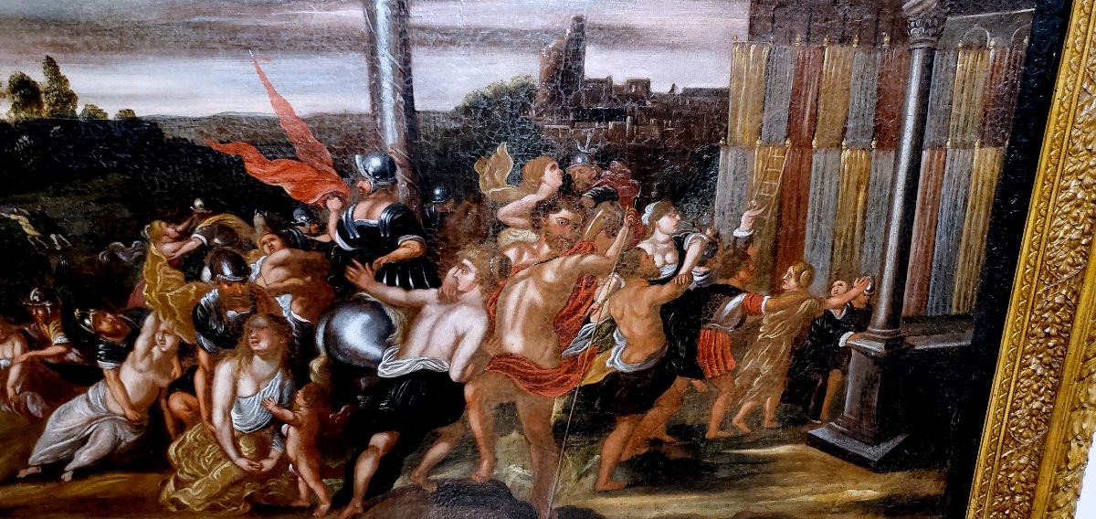 Antico dipinto olio su tela raffigurante :il ratto delle Sabine ,epoca fine 1600 ,scuola Romana-photo-5