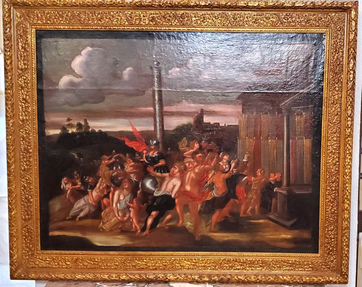 Antico dipinto olio su tela raffigurante :il ratto delle Sabine ,epoca fine 1600 ,scuola Romana