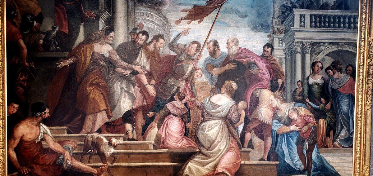 Dipinto olio su tela epoca 1750 (circa) raffigurante: Dan Sebastiano che addita la gloria -photo-3
