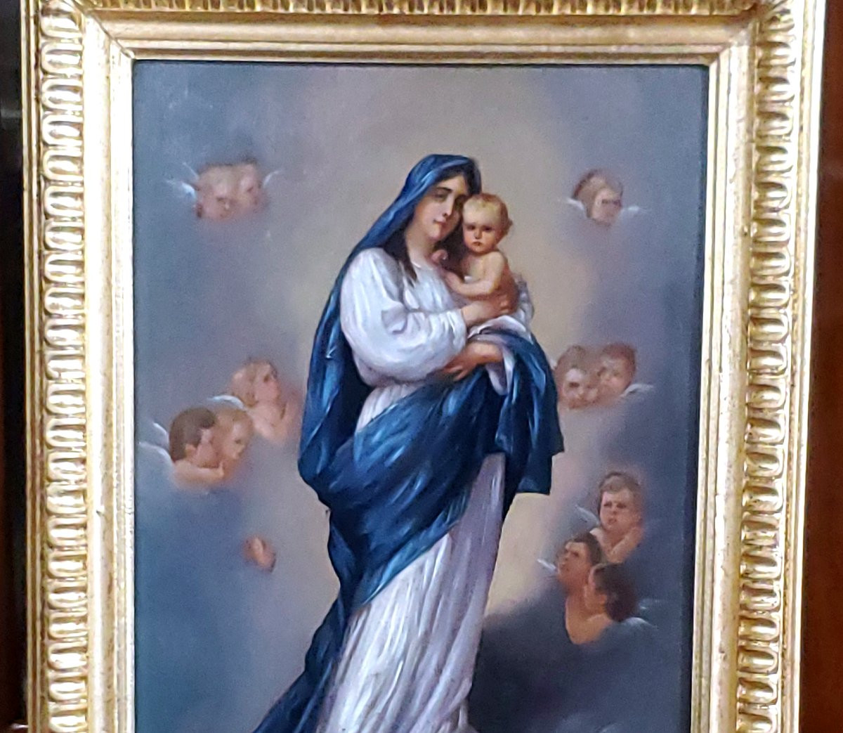 Dipinto olio su tavola in mogano ,raffigurante madonna con bambino ,scuola Piemontese (Italia) -photo-2