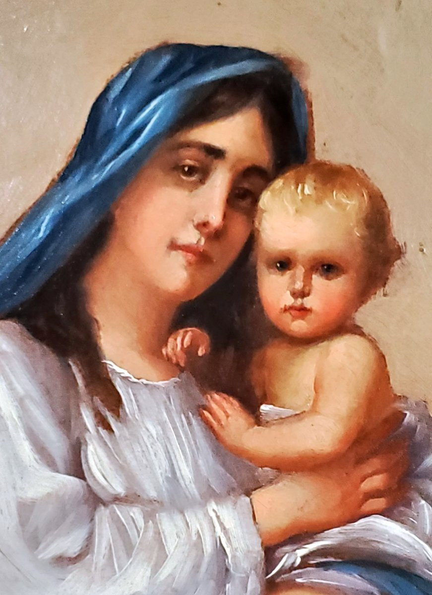 Dipinto olio su tavola in mogano ,raffigurante madonna con bambino ,scuola Piemontese (Italia) -photo-3