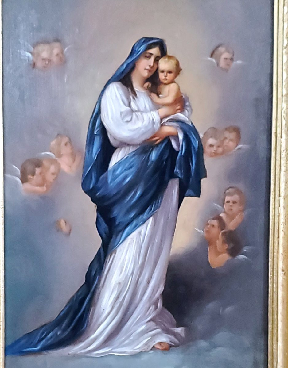 Dipinto olio su tavola in mogano ,raffigurante madonna con bambino ,scuola Piemontese (Italia) -photo-3