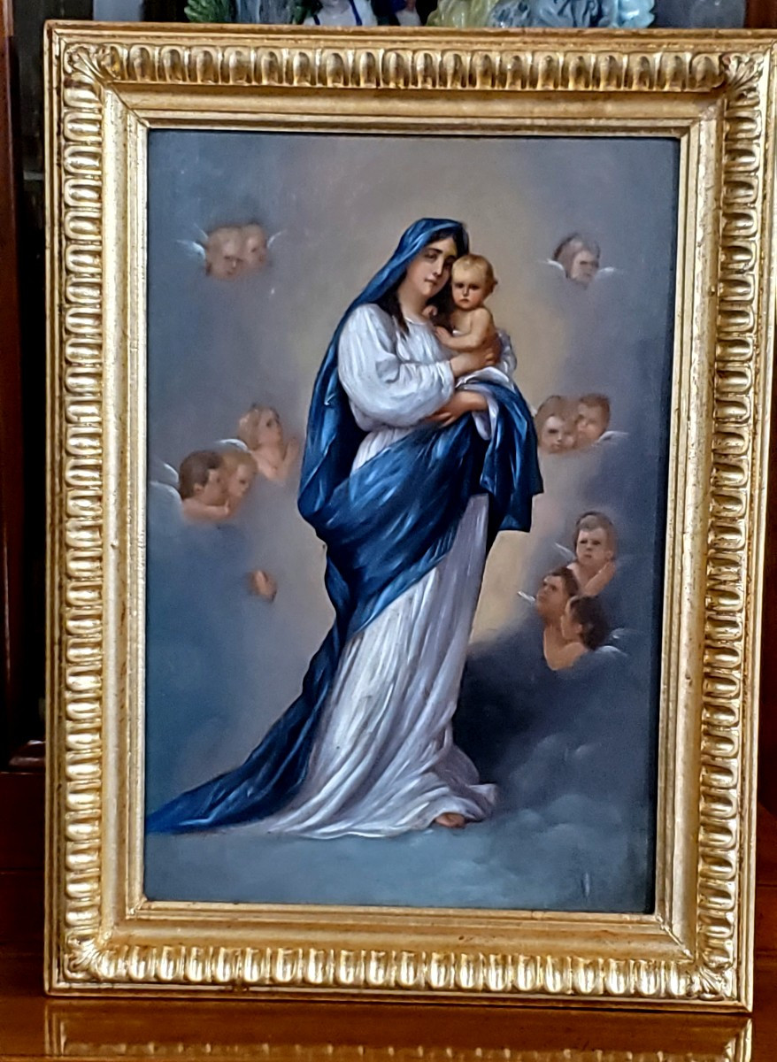 Dipinto olio su tavola in mogano ,raffigurante madonna con bambino ,scuola Piemontese (Italia) 