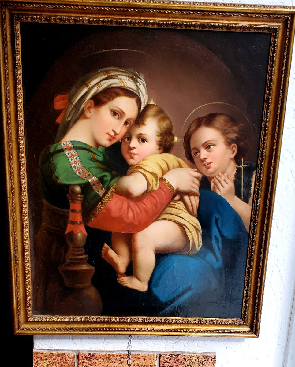Dipinto olio su tela raffigurante la madonna della sedia -photo-1