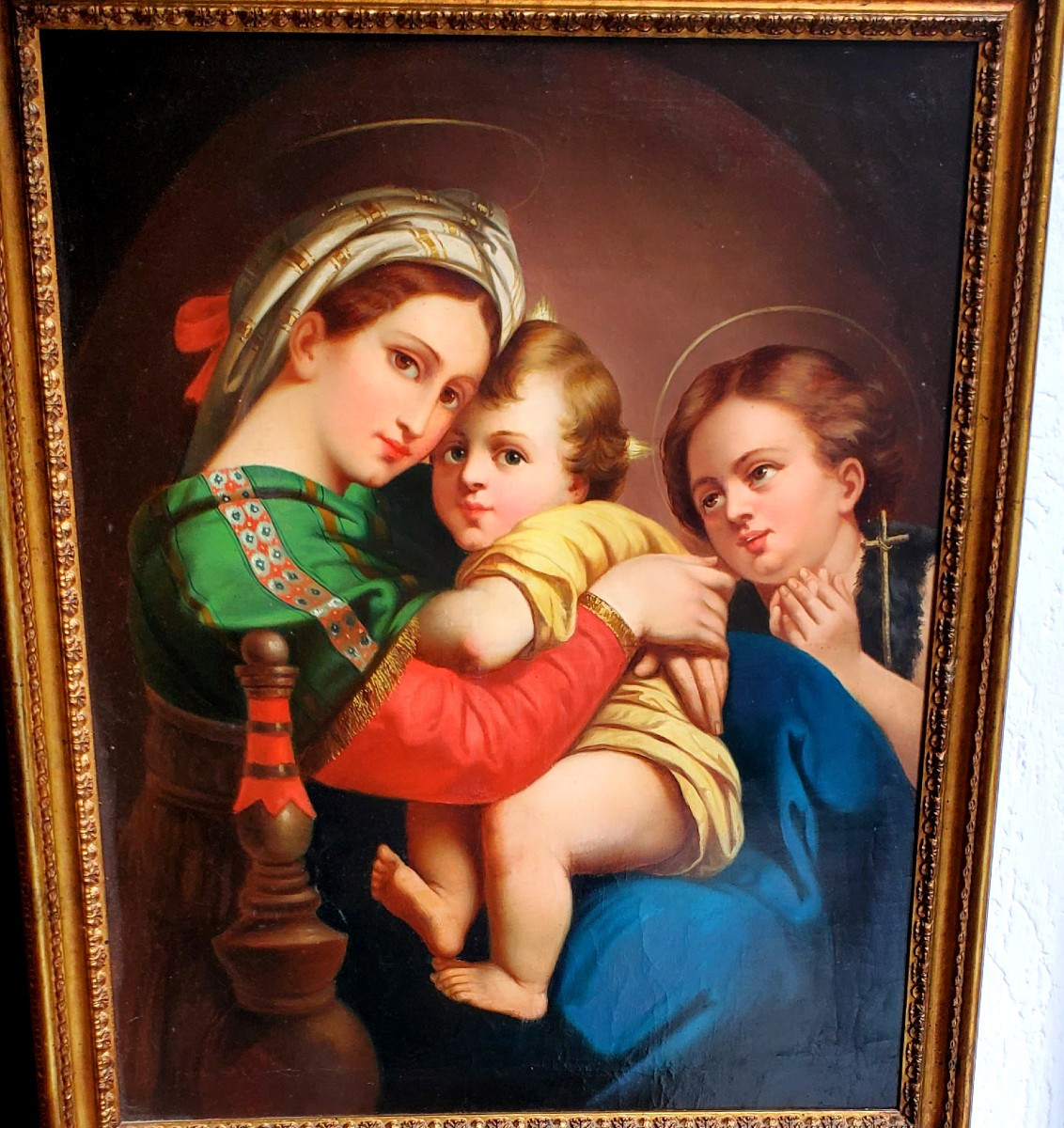 Dipinto olio su tela raffigurante la madonna della sedia 