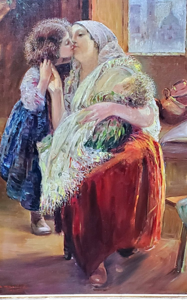 Dipinto olio su tela ,scuola Napoletana ,epoca prima metà 1900 raffigurante maternità -photo-2