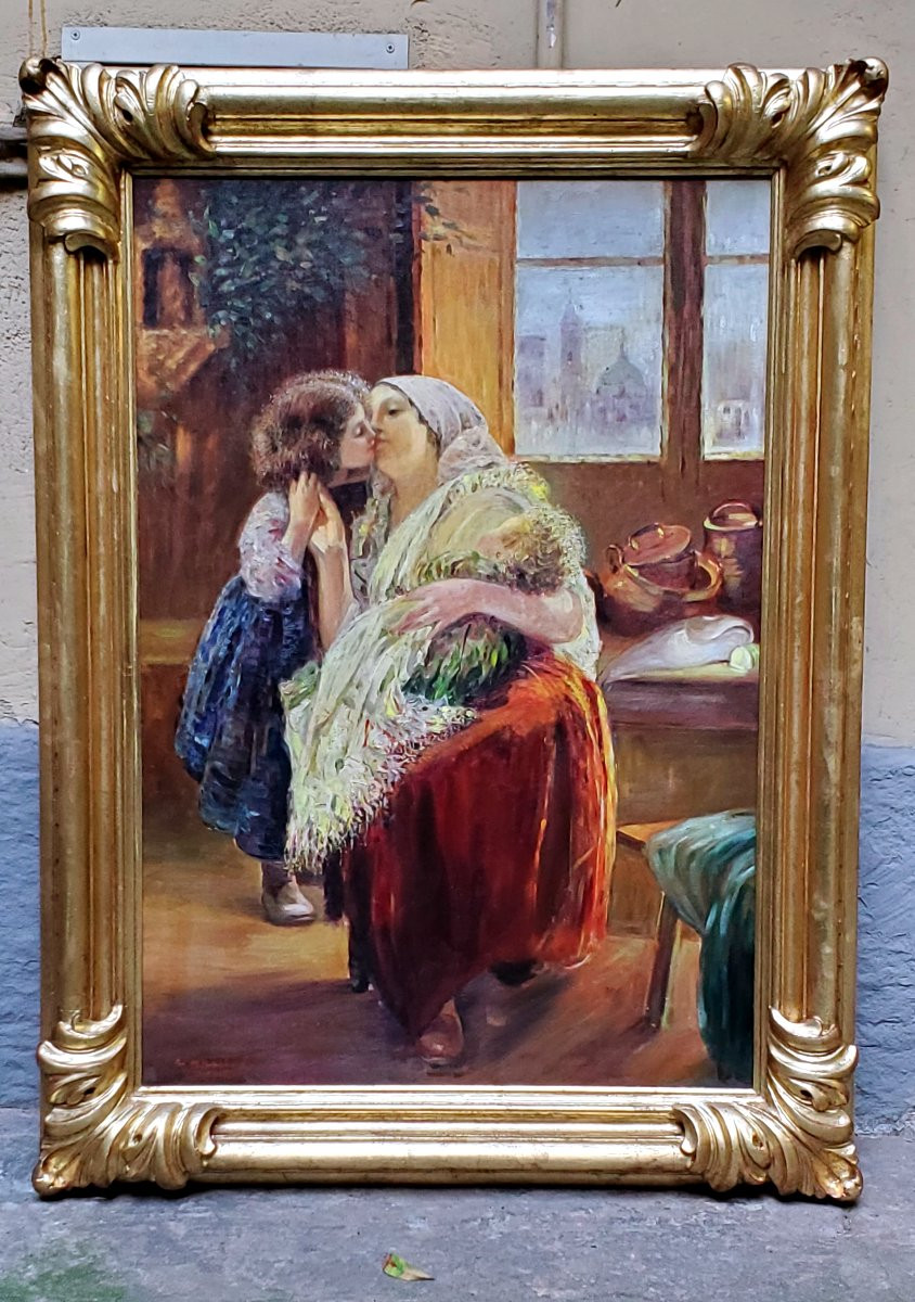 Dipinto olio su tela ,scuola Napoletana ,epoca prima metà 1900 raffigurante maternità -photo-4