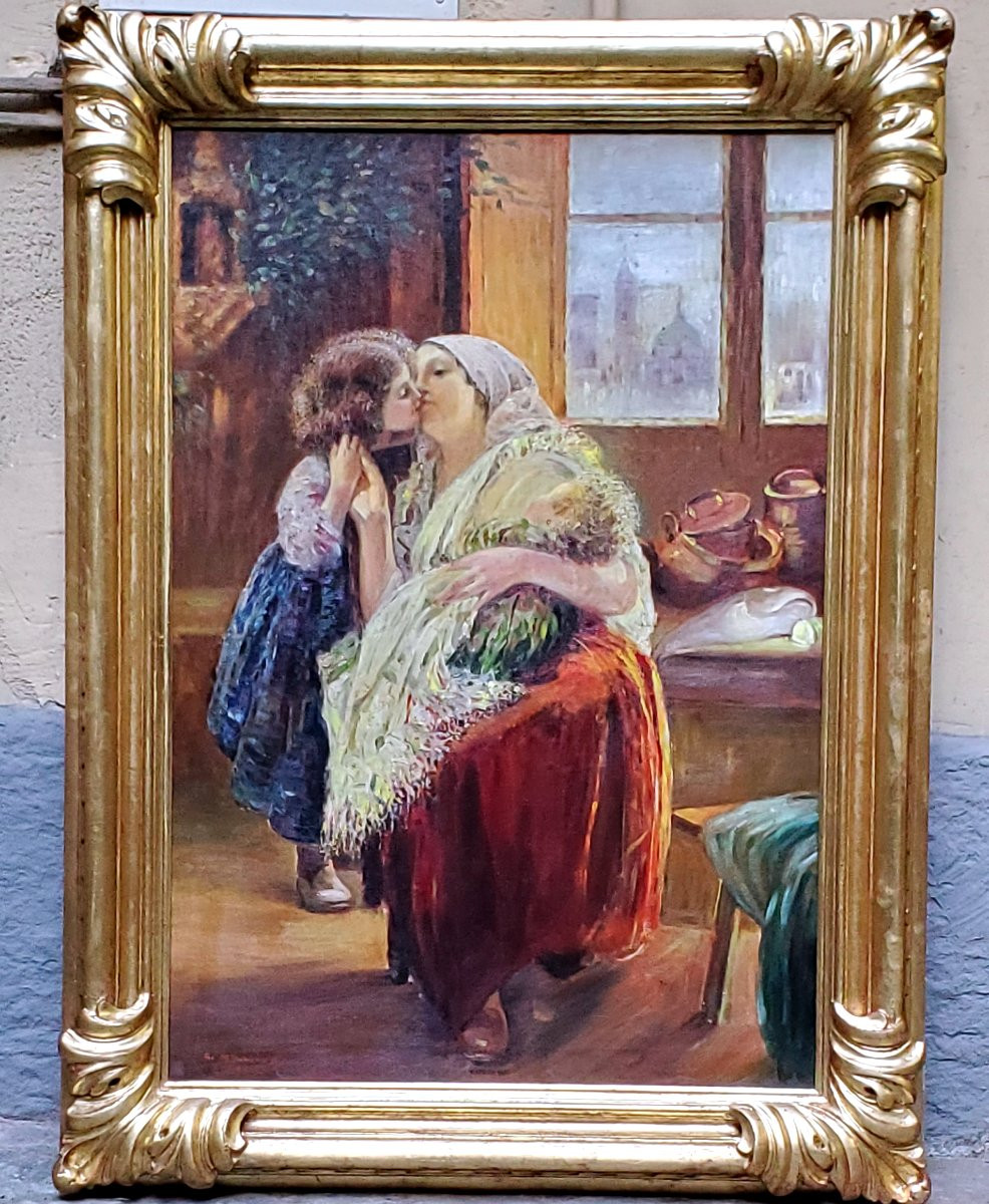 Dipinto olio su tela ,scuola Napoletana ,epoca prima metà 1900 raffigurante maternità -photo-2