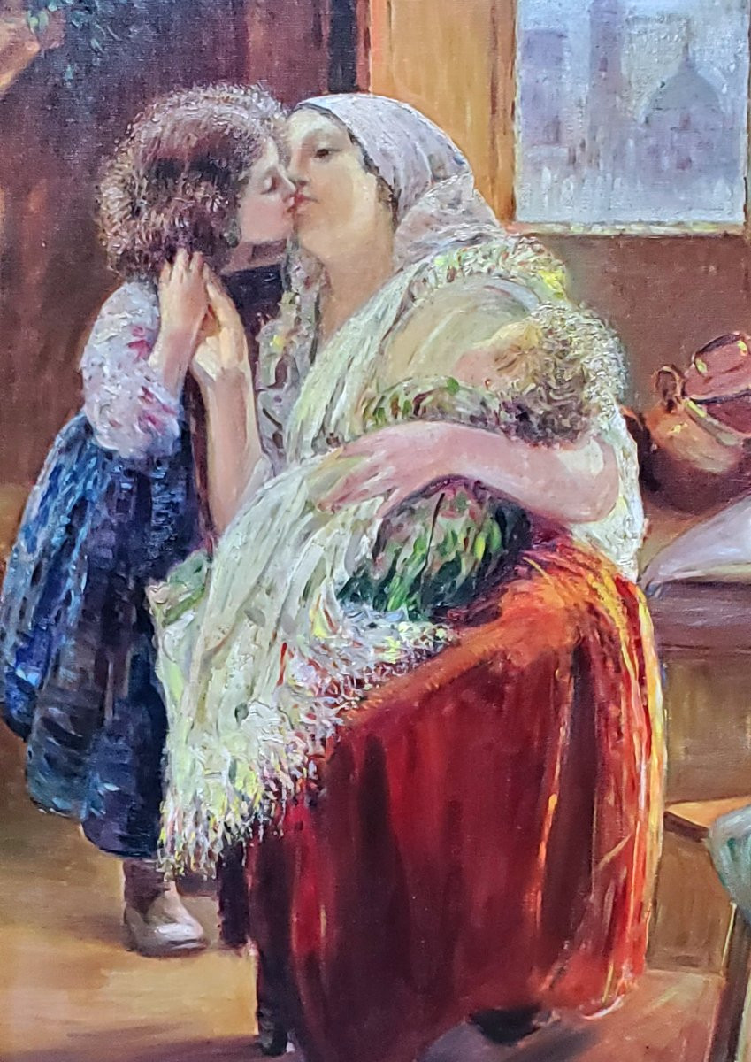Dipinto olio su tela ,scuola Napoletana ,epoca prima metà 1900 raffigurante maternità -photo-3