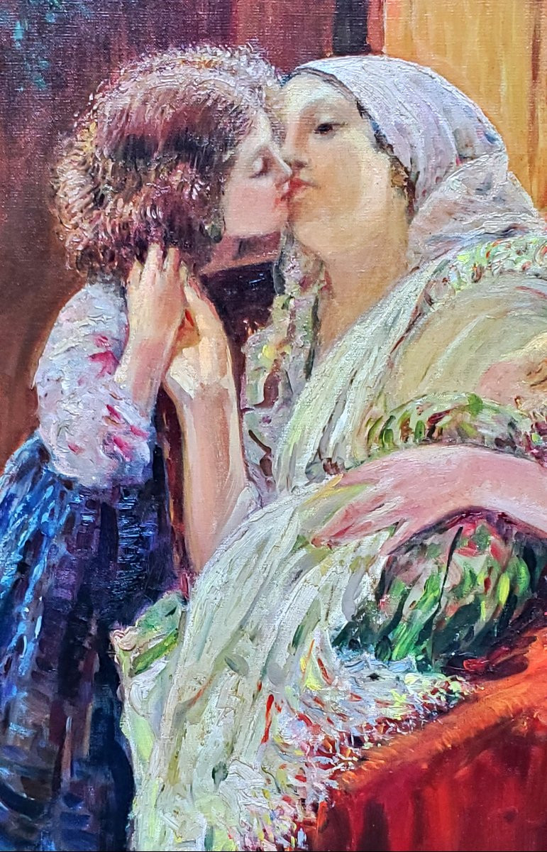 Dipinto olio su tela ,scuola Napoletana ,epoca prima metà 1900 raffigurante maternità -photo-4