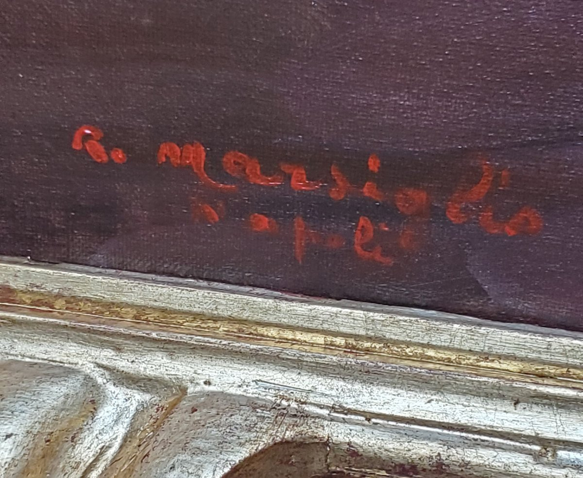 Dipinto olio su tela ,scuola Napoletana ,epoca prima metà 1900 raffigurante maternità -photo-5