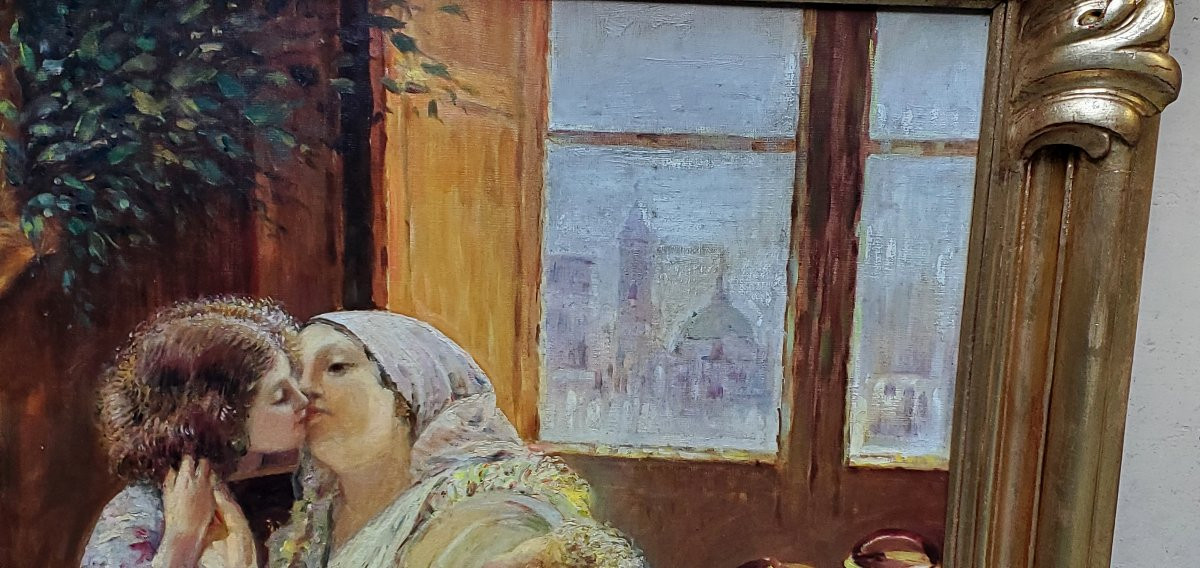 Dipinto olio su tela ,scuola Napoletana ,epoca prima metà 1900 raffigurante maternità -photo-6