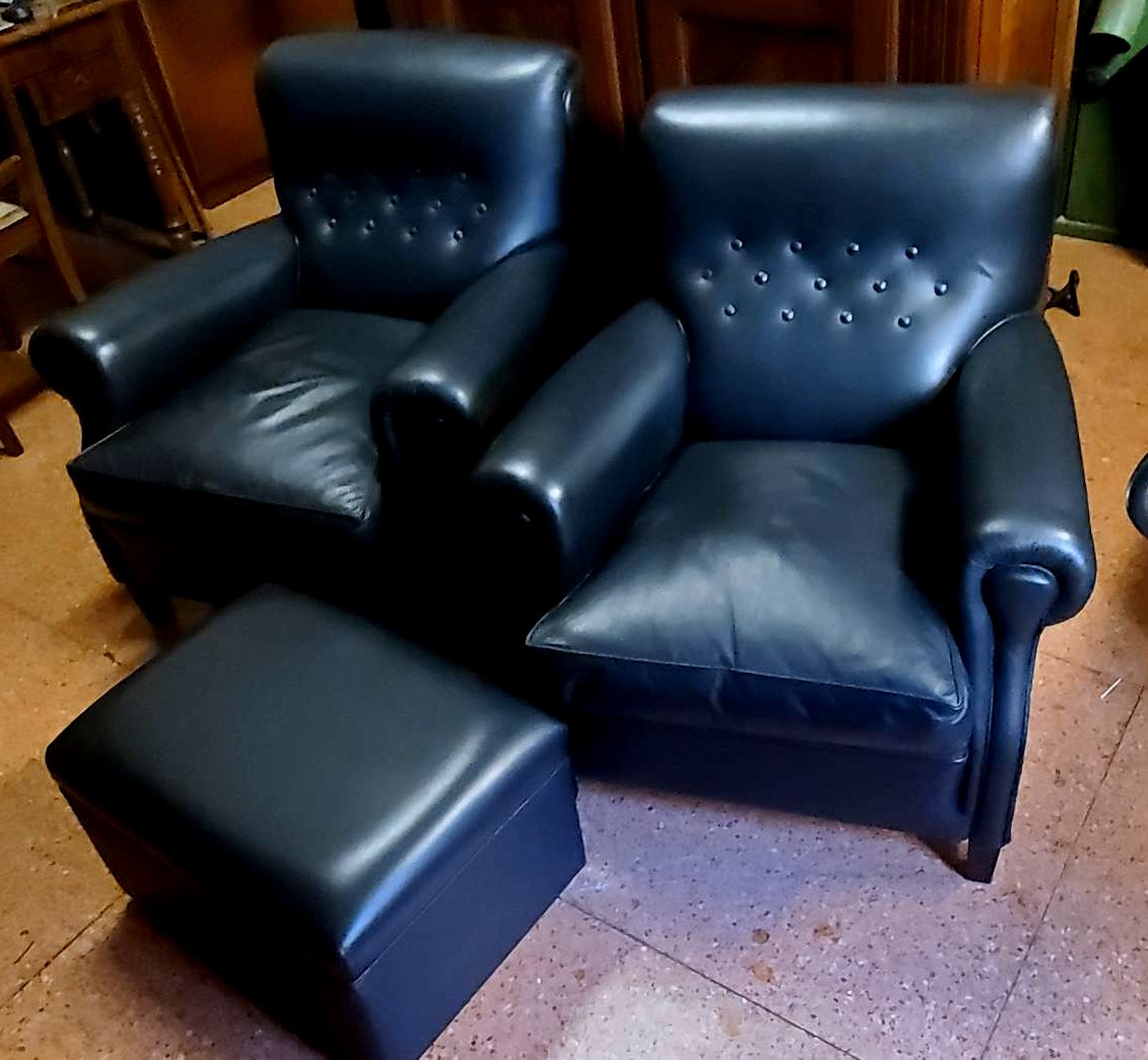 2 poltrone 1 pouf , Frau anni 1970 ,in vera pelle nera -photo-4