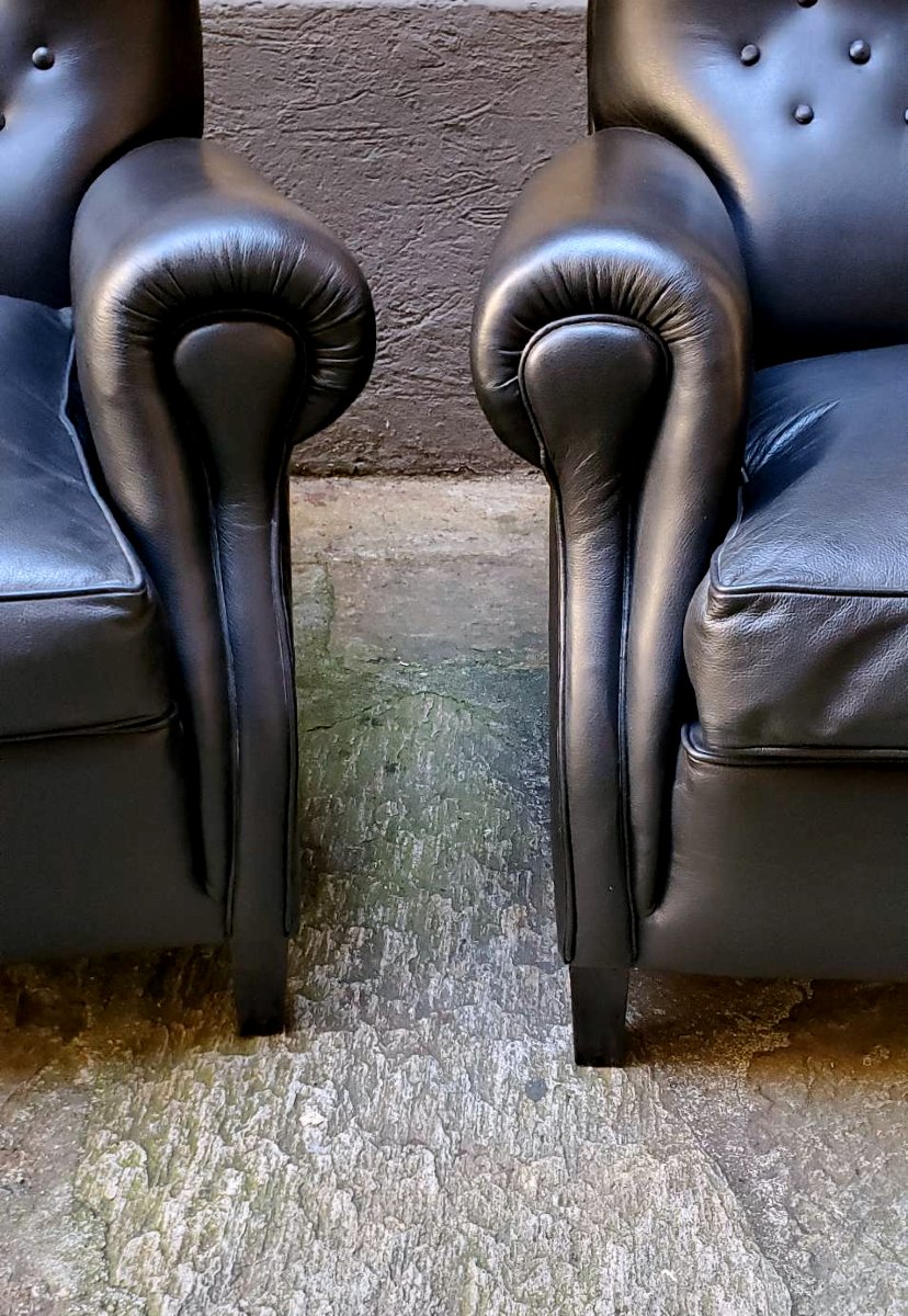 2 poltrone 1 pouf , Frau anni 1970 ,in vera pelle nera -photo-6