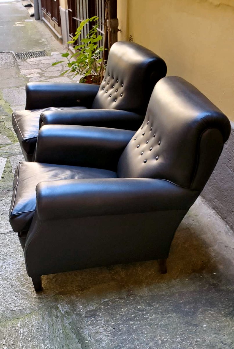 2 poltrone 1 pouf , Frau anni 1970 ,in vera pelle nera -photo-8