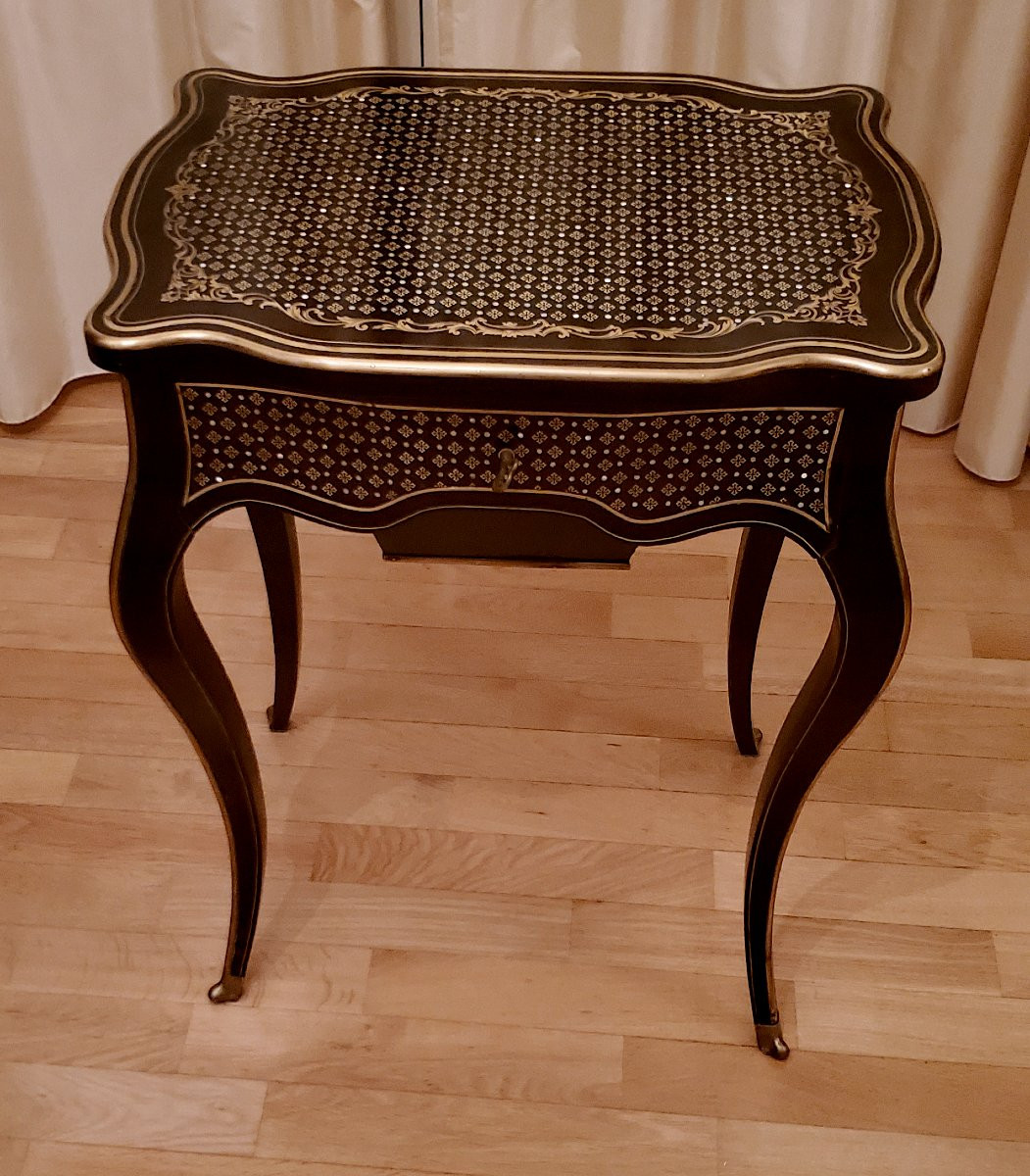 Antico Tavolino Napoleone III  ,in Ebano , palissandro , intarsi in ottone cesellato madreperla-photo-2