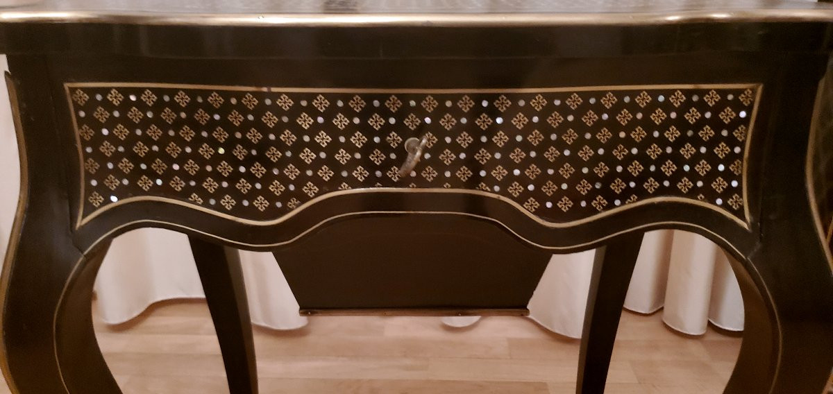 Antico Tavolino Napoleone III  ,in Ebano , palissandro , intarsi in ottone cesellato madreperla-photo-3